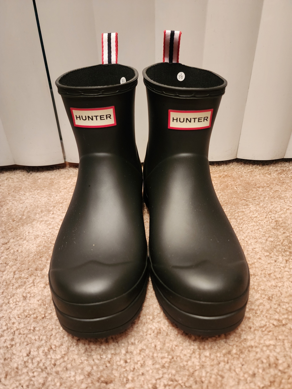 Hunter Women's Ankle Black Rain Boots with Red-Trim Logo